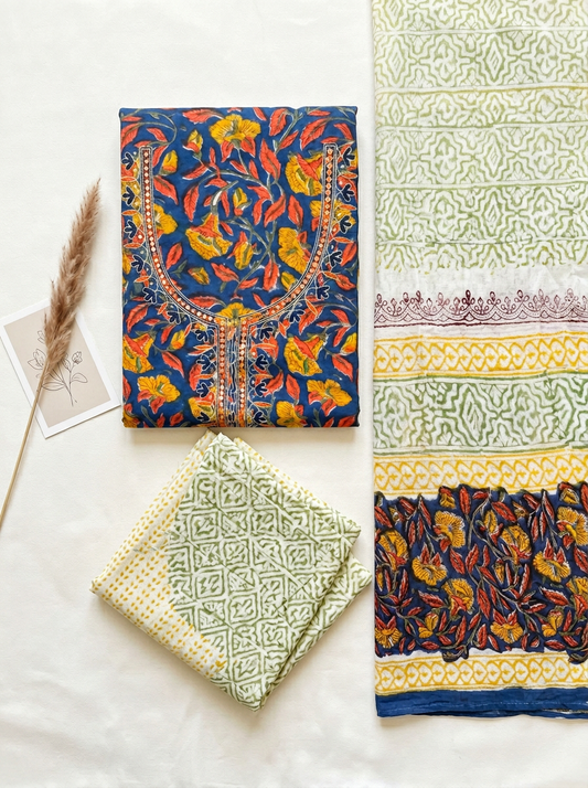 Thread Embroidered Cotton Block Printed Unstitched Suit Set