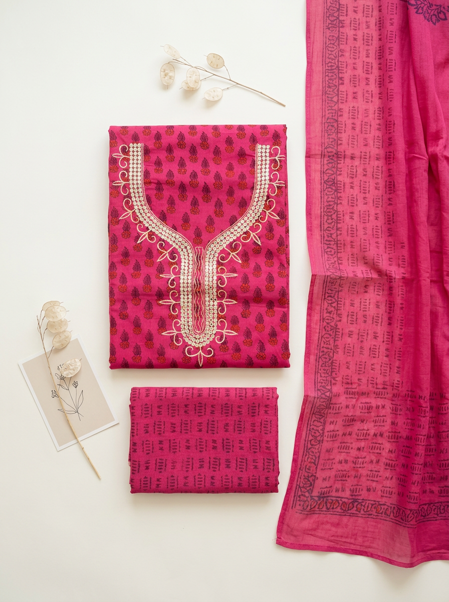 Thread Embroidered Cotton Block Printed Unstitched Suit Set
