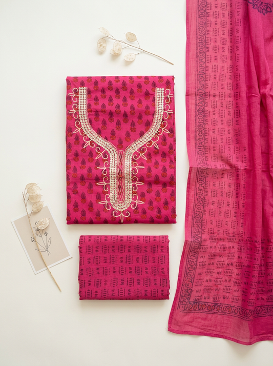 Thread Embroidered Cotton Block Printed Unstitched Suit Set