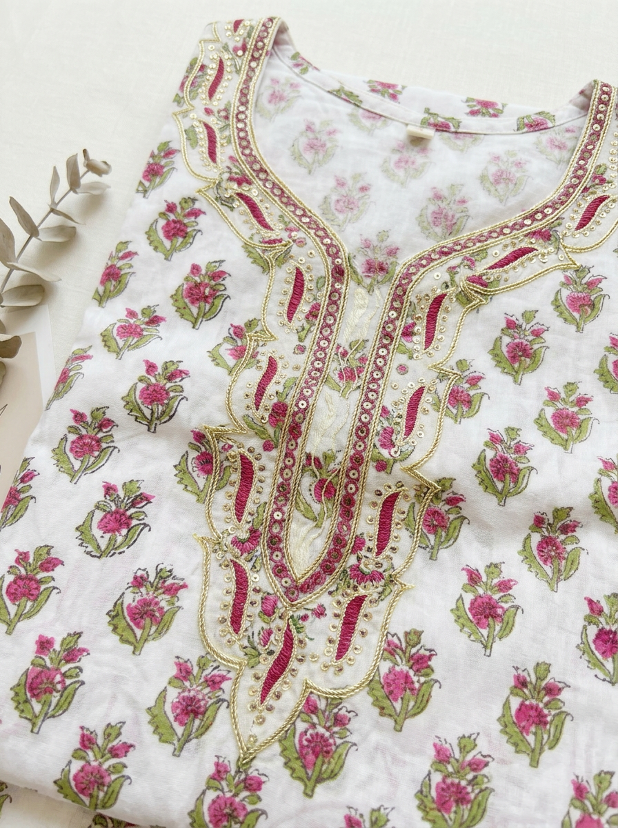Thread Embroidered Cotton Block Printed Unstitched Suit Set