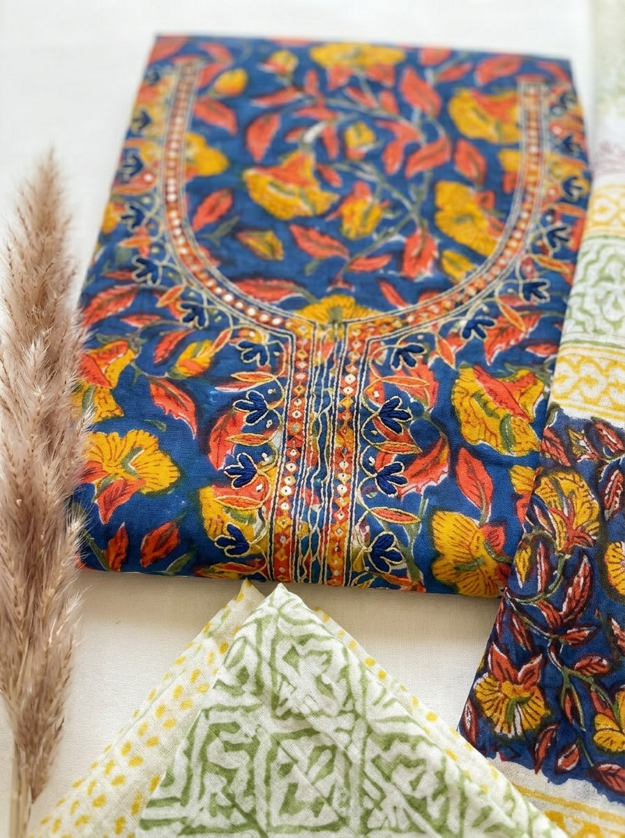 Thread Embroidered Cotton Block Printed Unstitched Suit Set