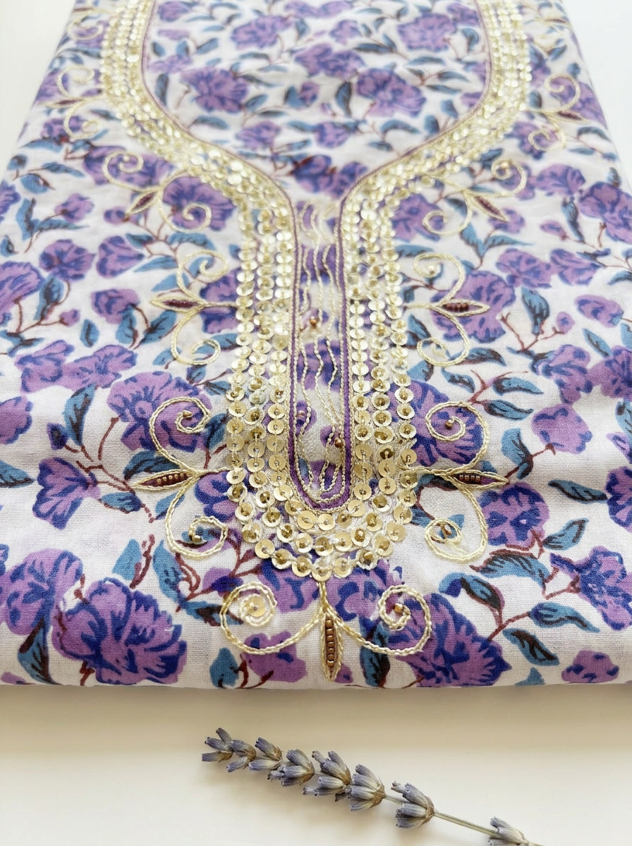 Thread Embroidered Cotton Block Printed Unstitched Suit Set