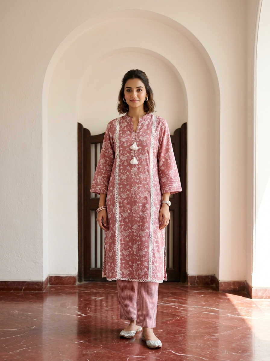 Pakistani cotton kurta set with lace details
