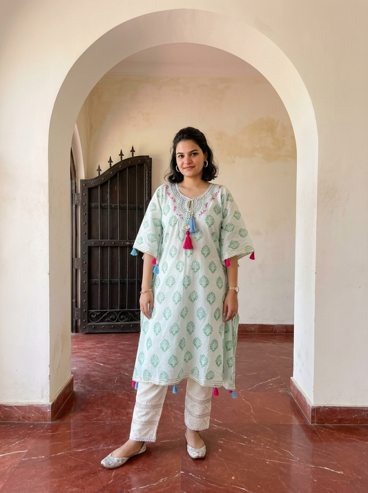 White Cotton Printed Kaftan
