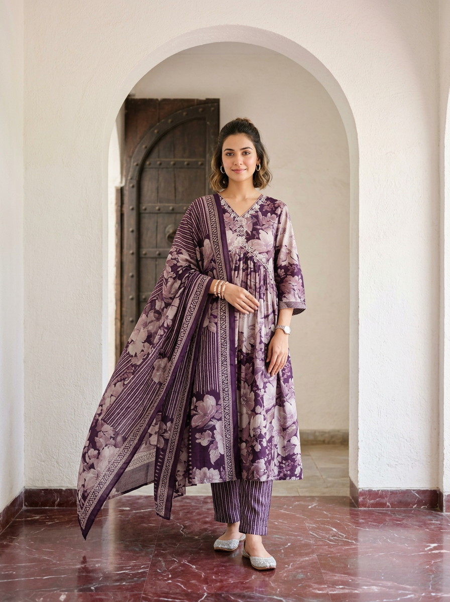 Purple Muslin Suit Set With Cotton Dupatta