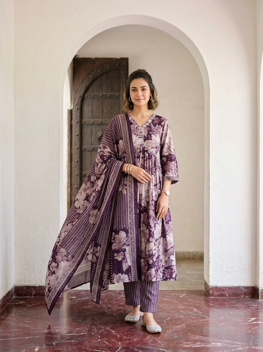 Purple Muslin Suit Set With Cotton Dupatta