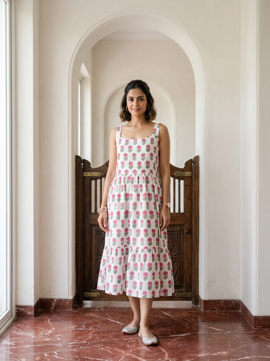 White Handblock Cotton Printed Dress