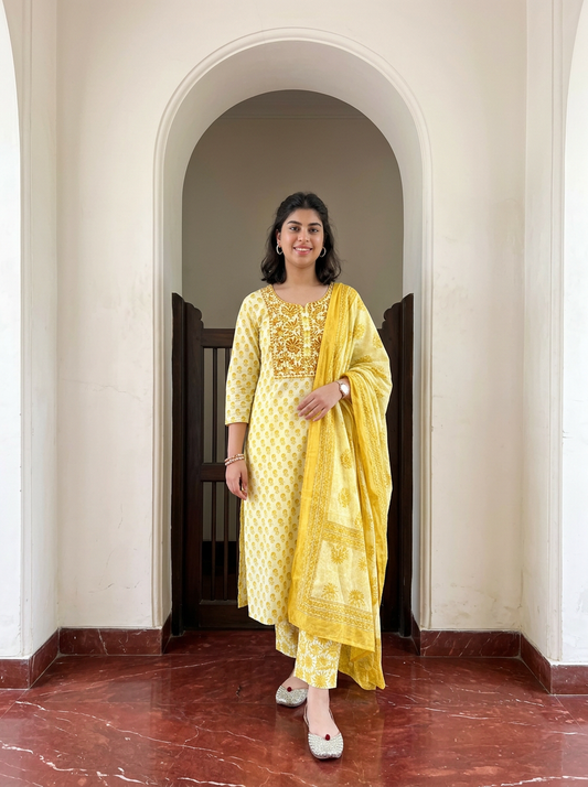 Pastel Green Cotton Printed Dupatta Set with embroidery.