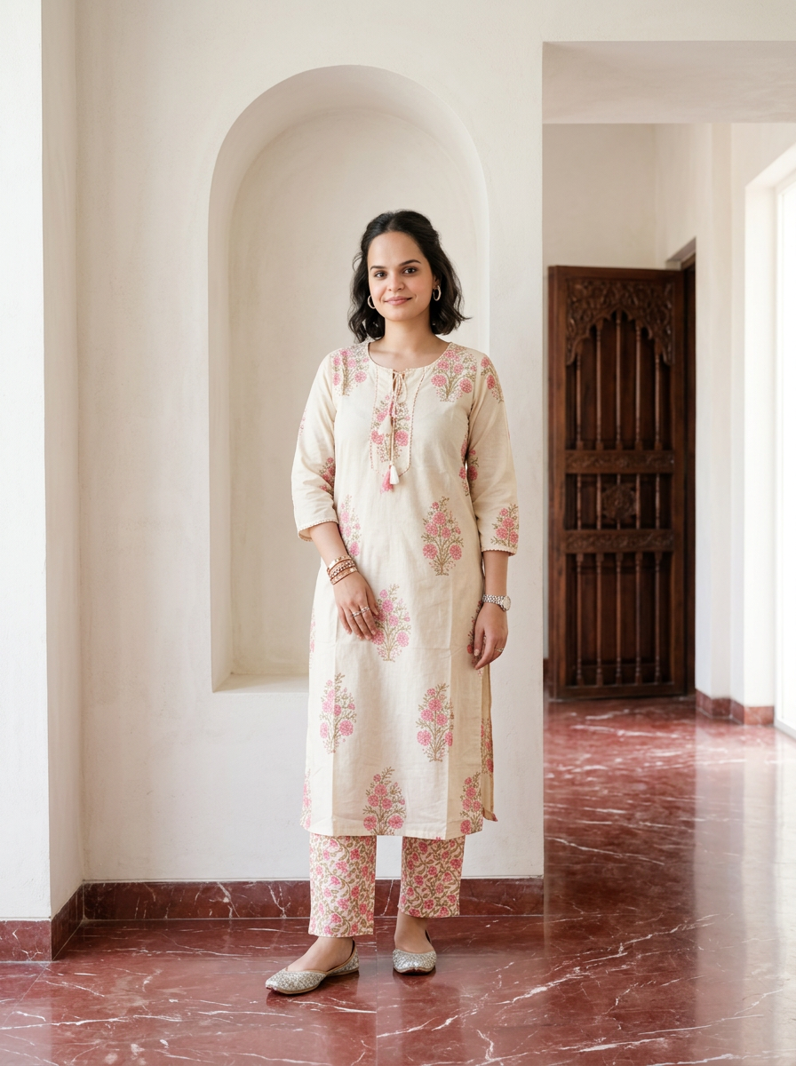 Off White Cotton Printed Kurta Set