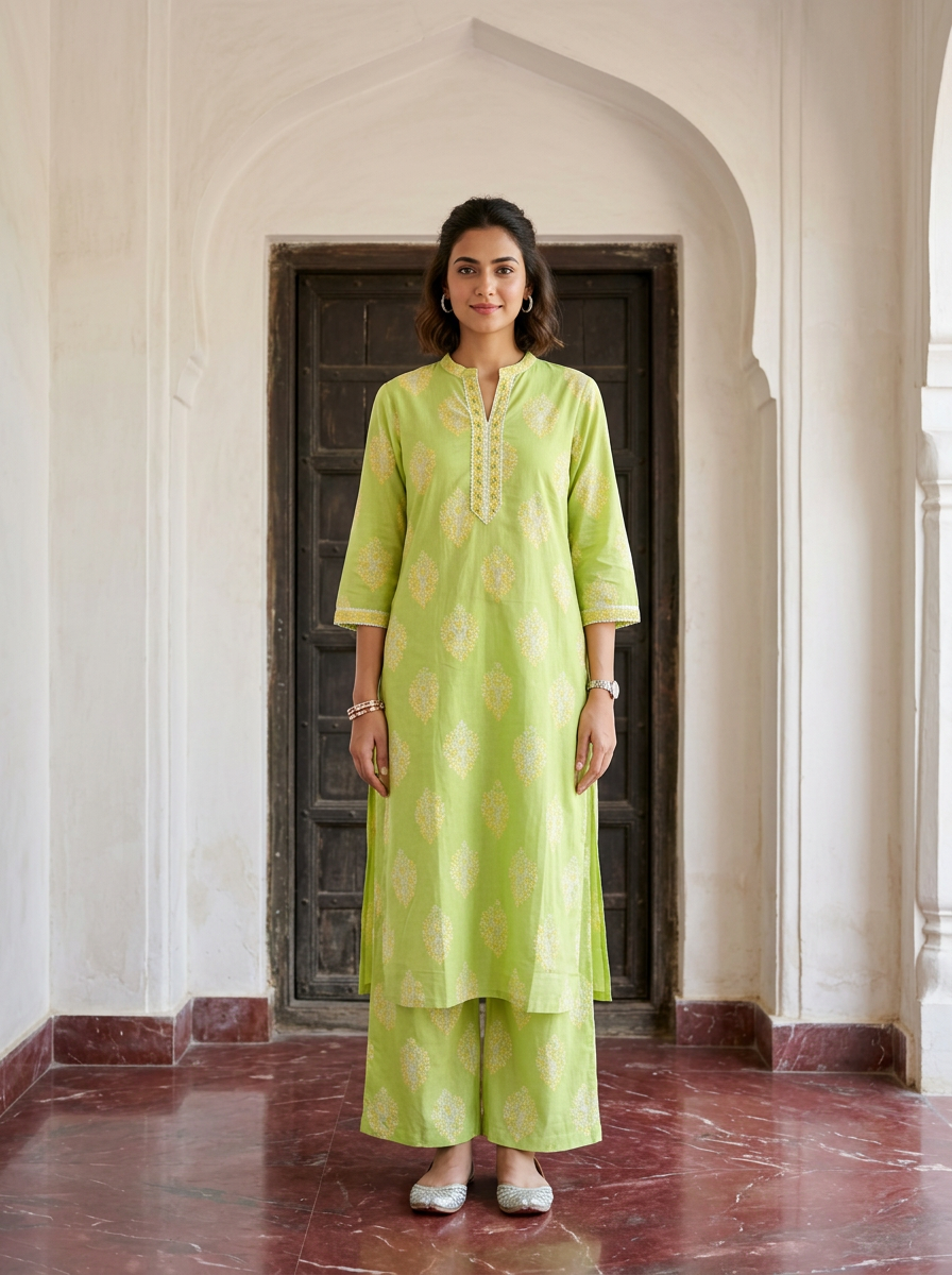Green Cotton Printed Kurta Set