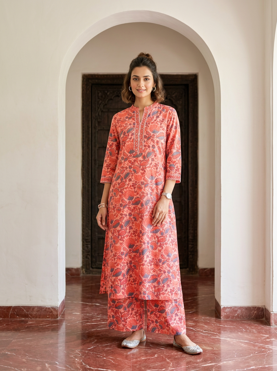 Orange Floral Cotton Kurta Set