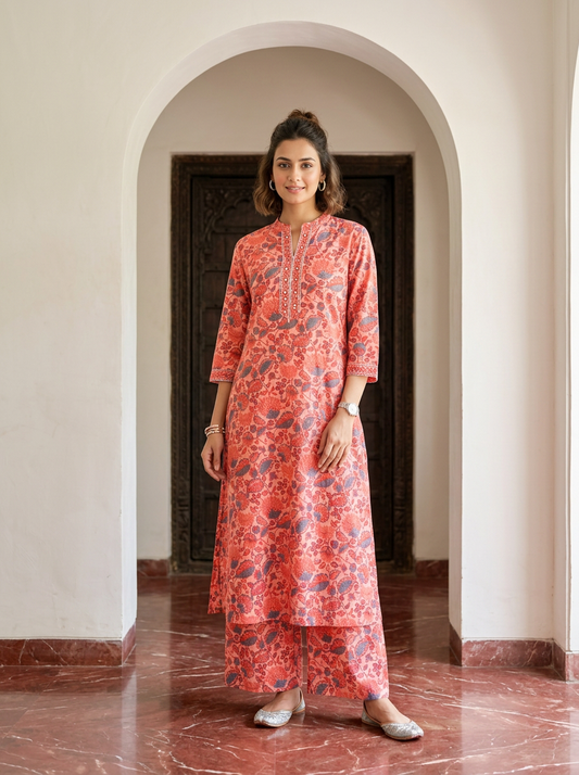 Orange Floral Cotton Kurta Set