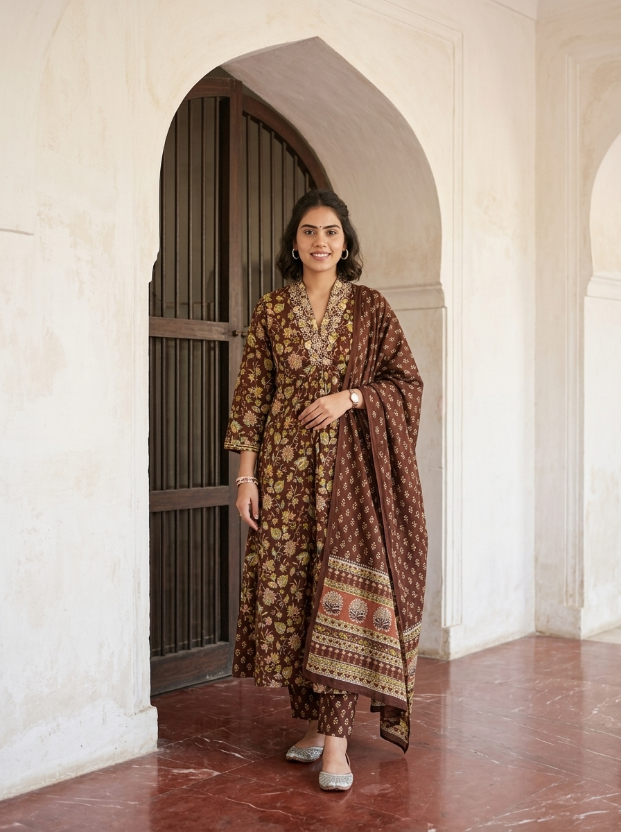 Brown Cotton Printed Dupatta Set.