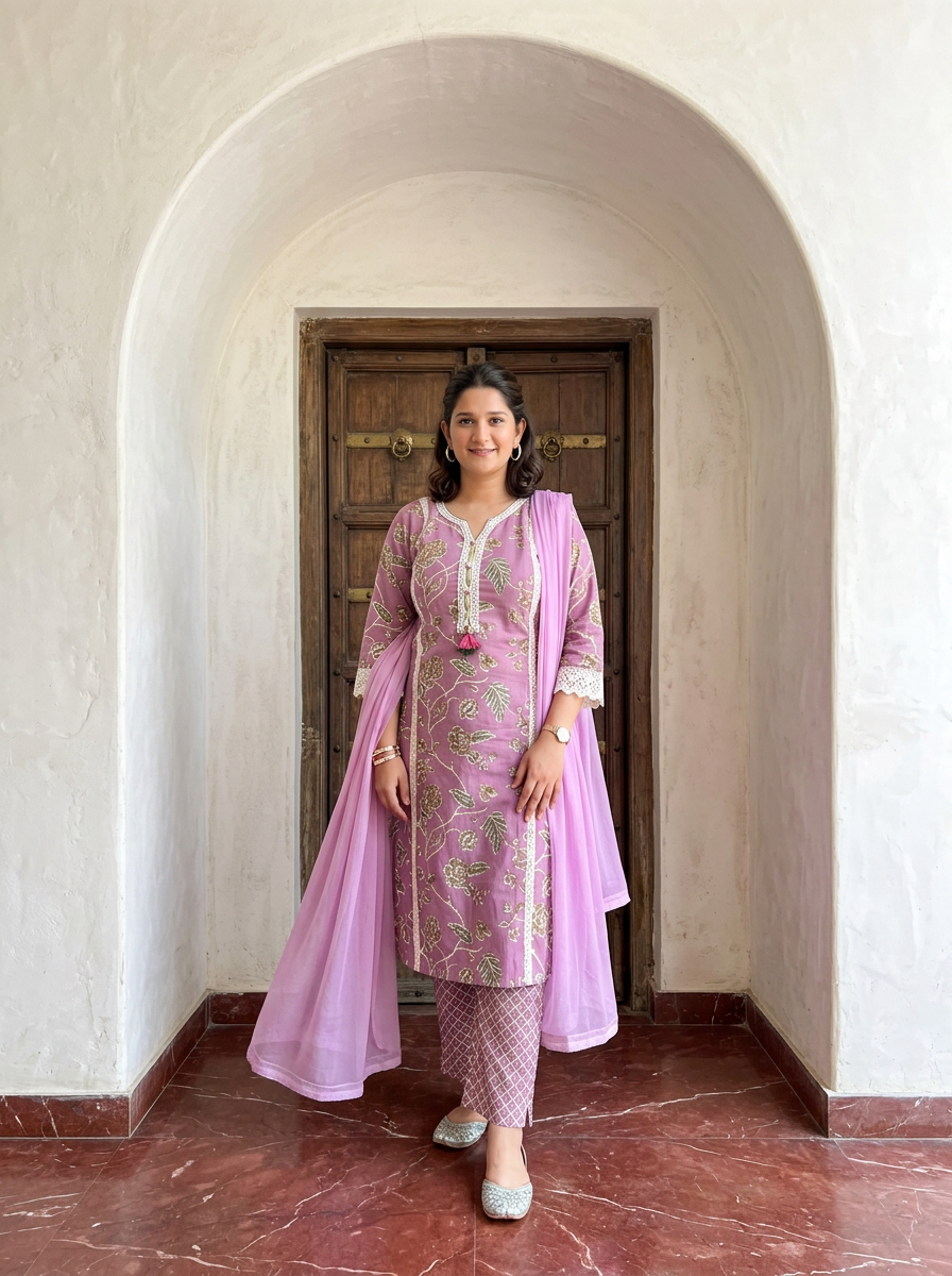 Pink Cotton Printed Dupatta Set with Lace detailing.