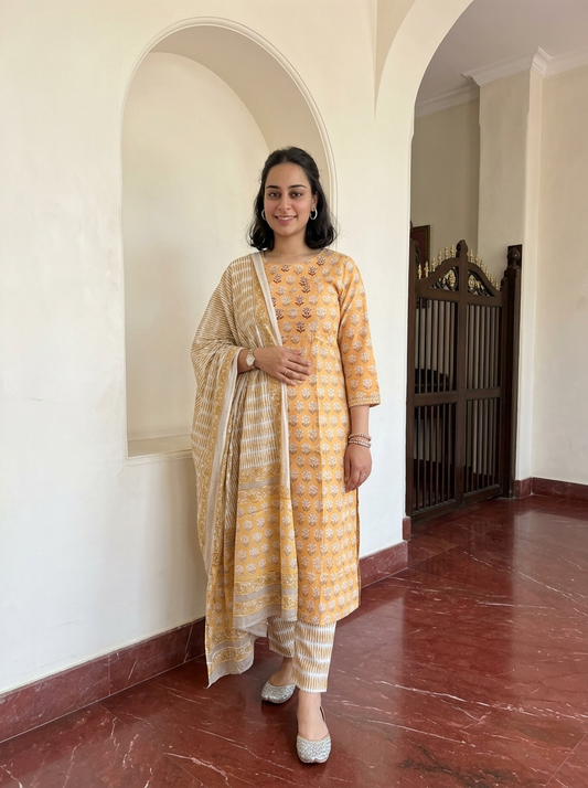 Yellow Cotton Dupatta Set.