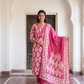 Pink Printed V-neck Cotton Straight Suit Set