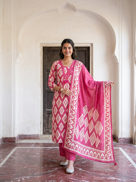 Pink Printed V-neck Cotton Straight Suit Set