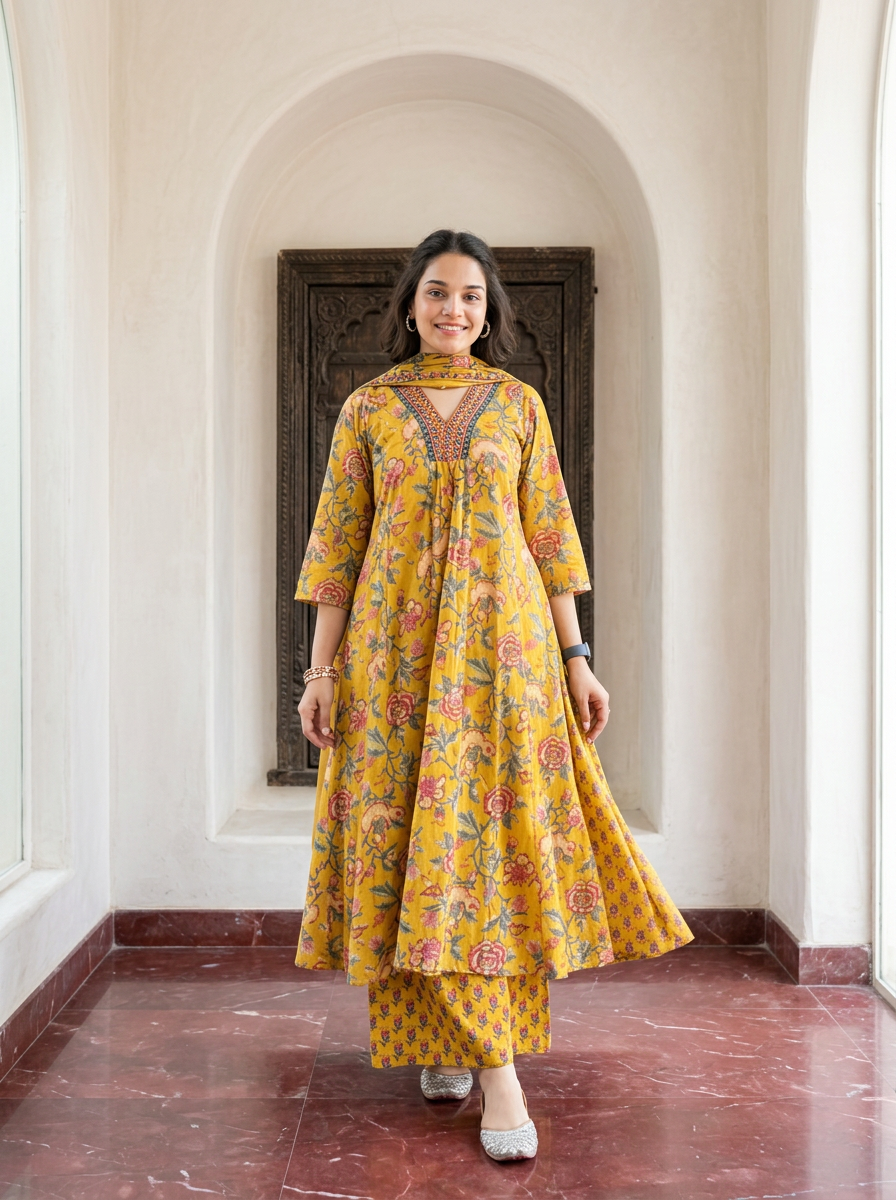 Floral V-neck Printed Cotton Straight Suit Set