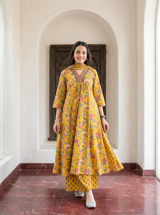 Floral V-neck Printed Cotton Straight Suit Set