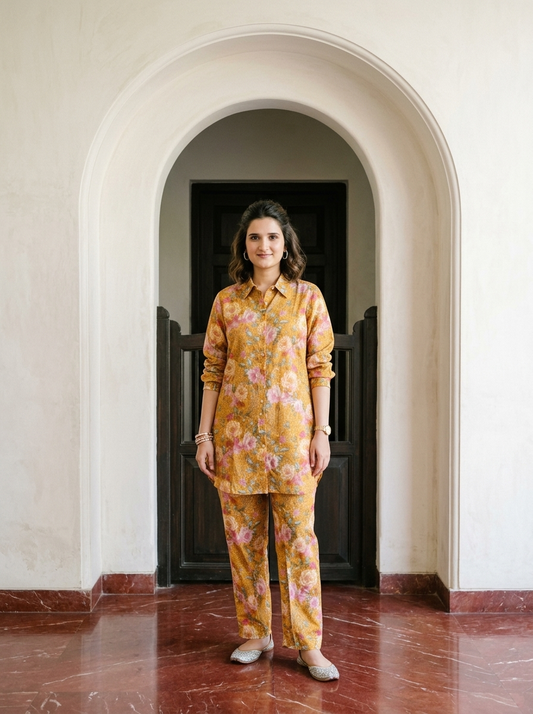 Yellow Floral Muslin Co-ord Set