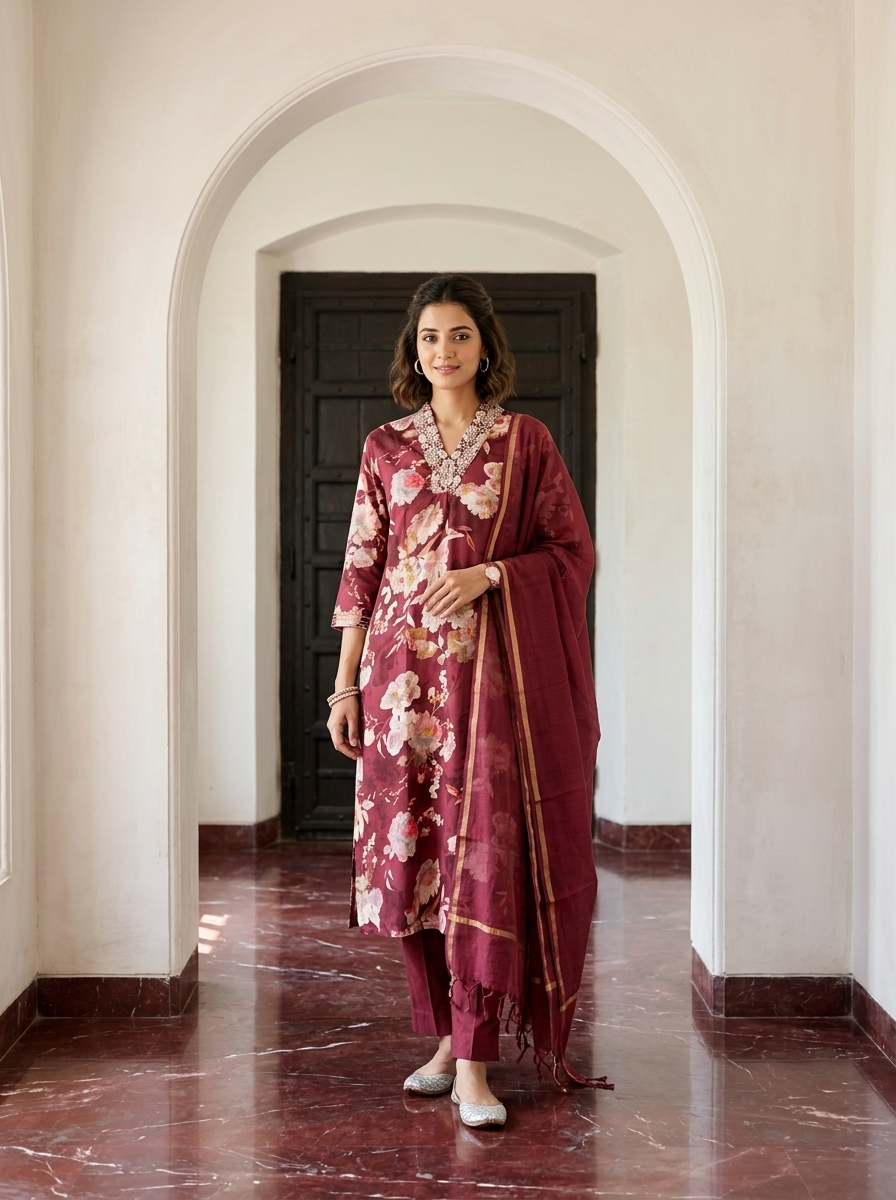 Wine Color Floral Printed Dupatta Set