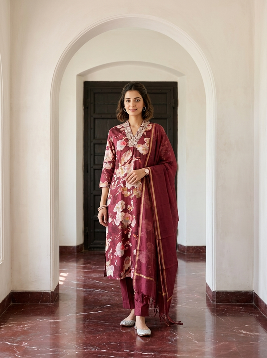 Wine Color Floral Printed Dupatta Set