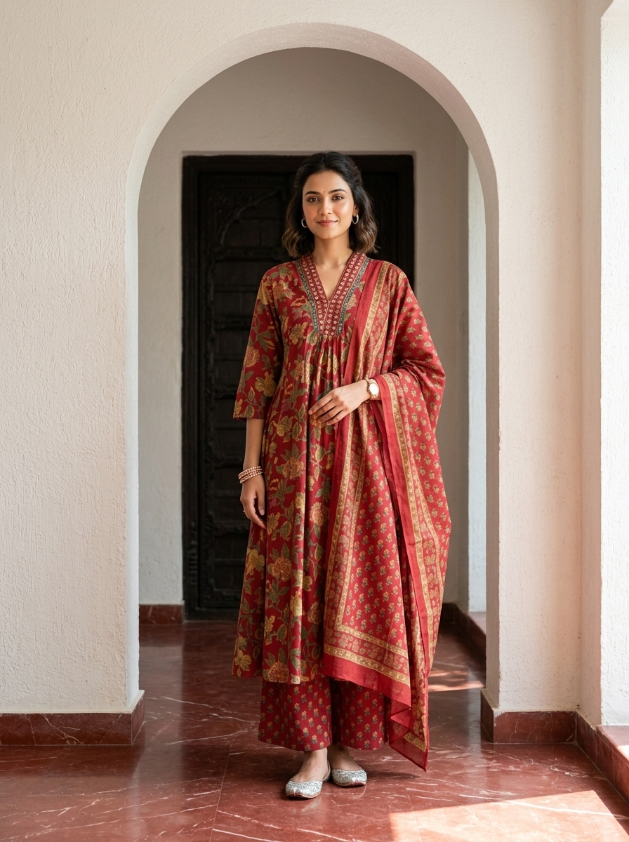 Floral V-neck Printed Cotton Straight Suit Set