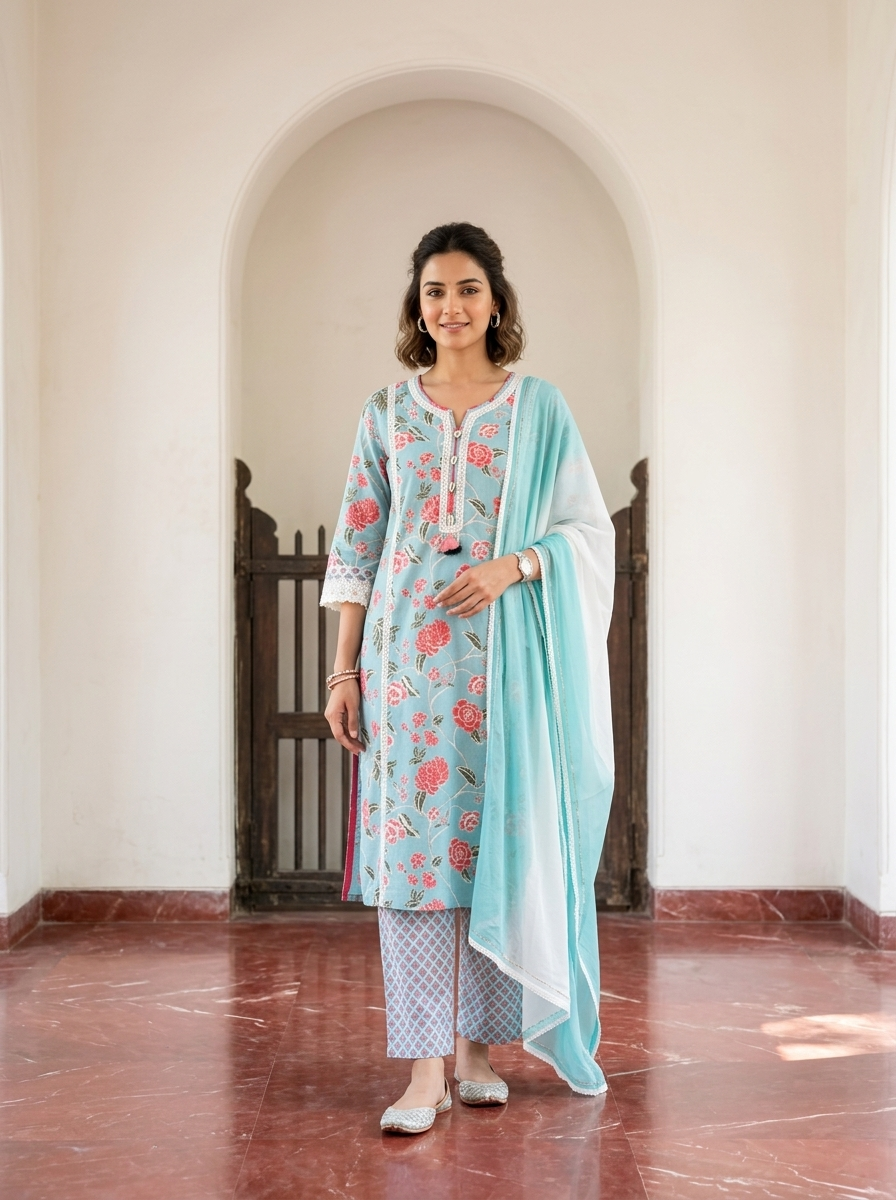 Pink Cotton Printed Dupatta Set with Lace detailing.