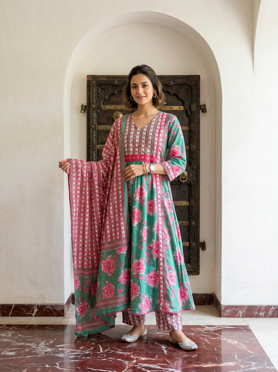 Floral Printed Cotton Straight Suit Set