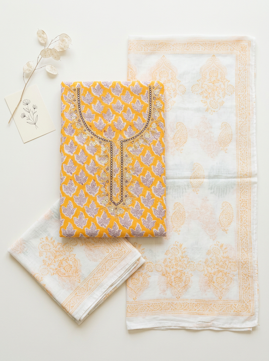 Thread Embroidered Cotton Block Printed Unstitched Suit Set