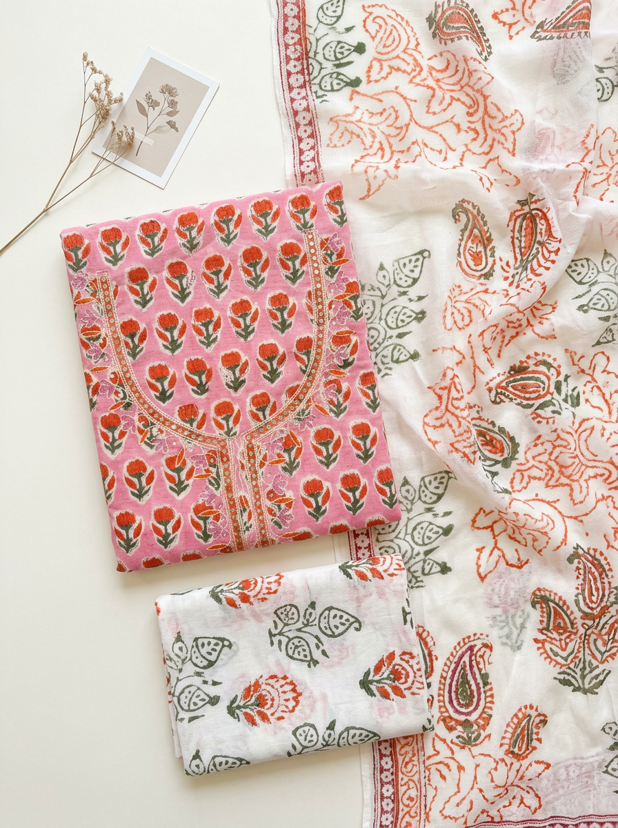 Thread Embroidered Cotton Block Printed Unstitched Suit Set