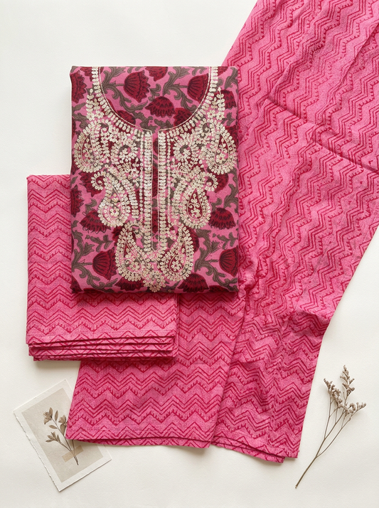 Gota Patti Cotton Block Printed Unstitched Suit Set