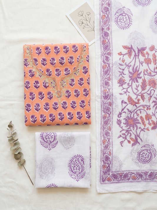 Gota Patti Cotton Block Printed Unstitched Suit Set