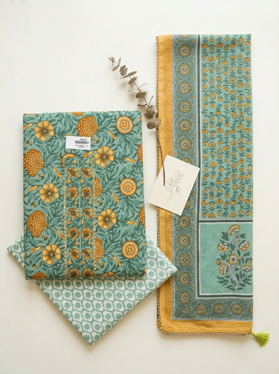 Embroidered Cotton Block Printed Unstitched Suit Set