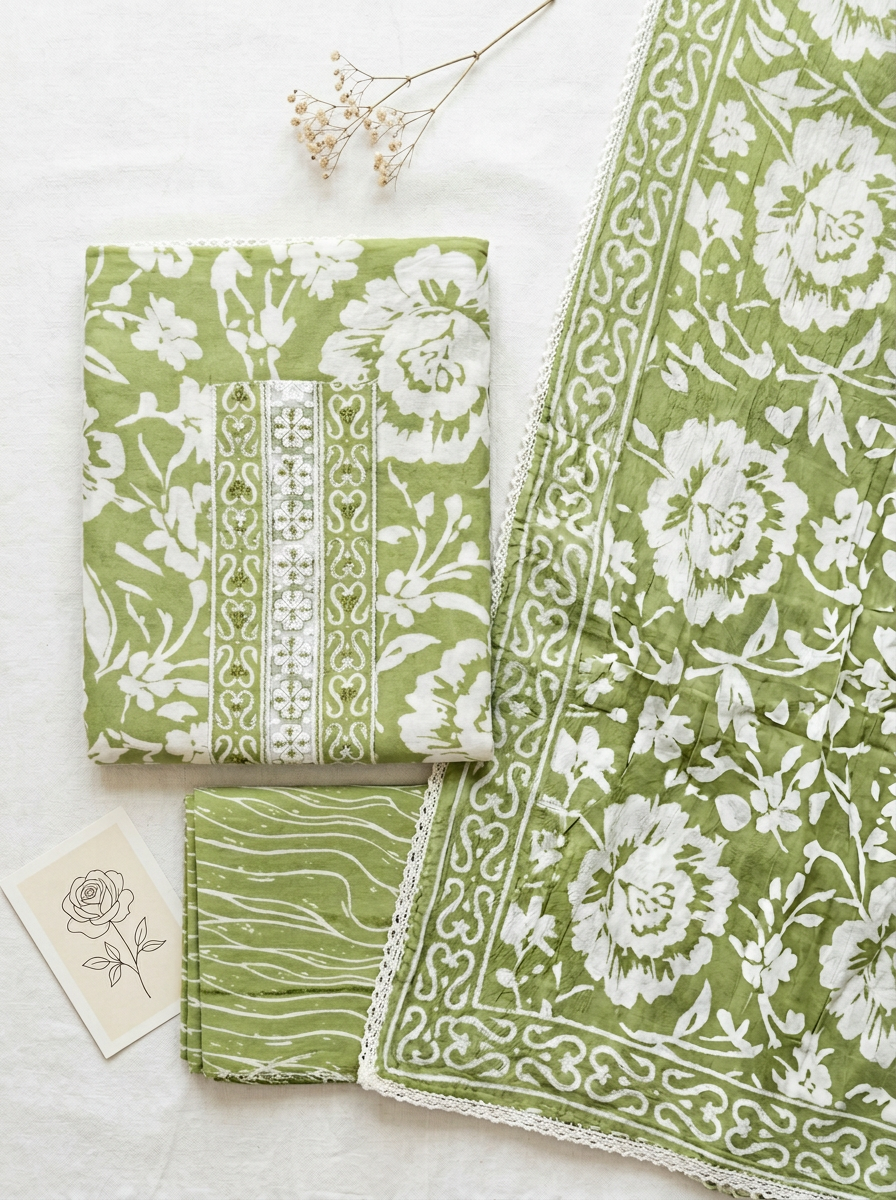 Embroidered Cotton Block Printed Unstitched Suit Set