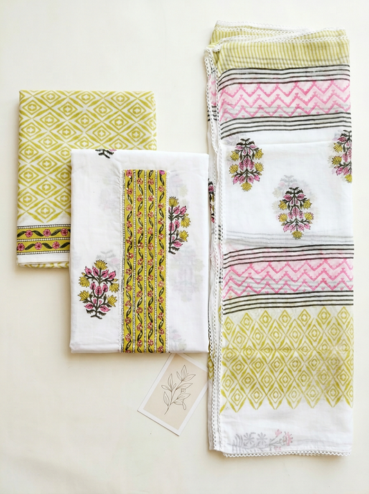 Embroidered Cotton Block Printed Unstitched Suit Set