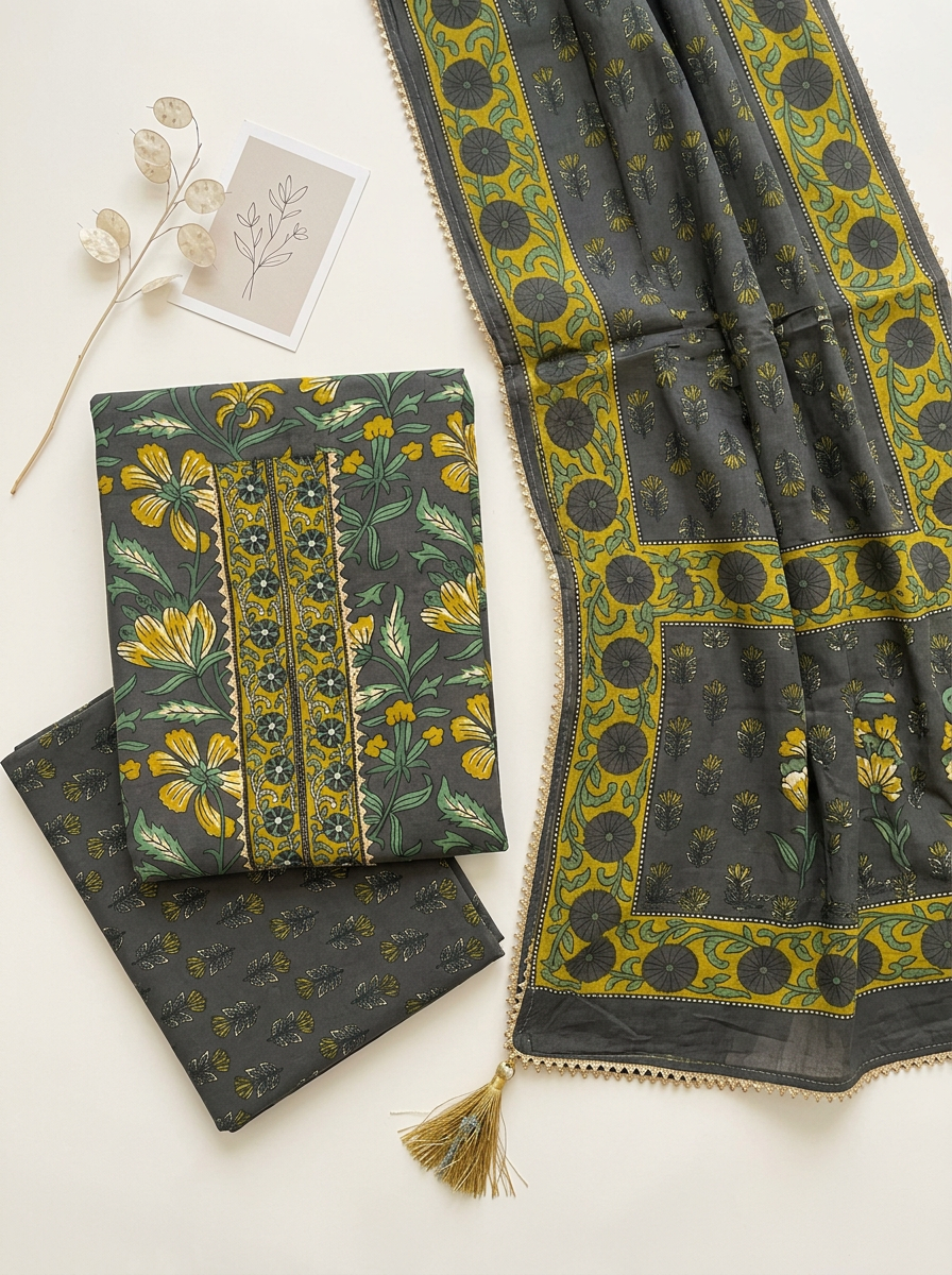 Embroidered Cotton Block Printed Unstitched Suit Set