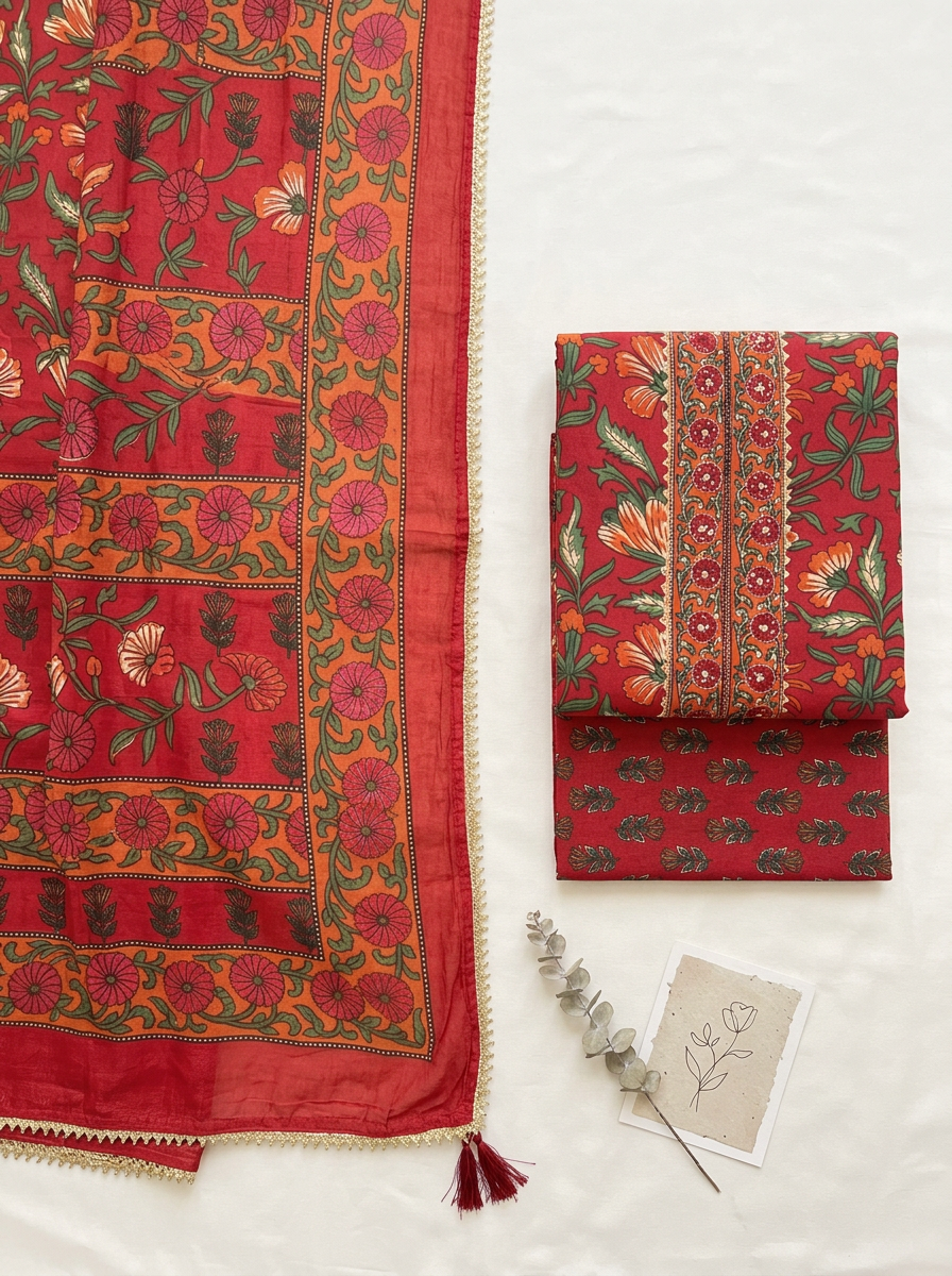 Embroidered Cotton Block Printed Unstitched Suit Set