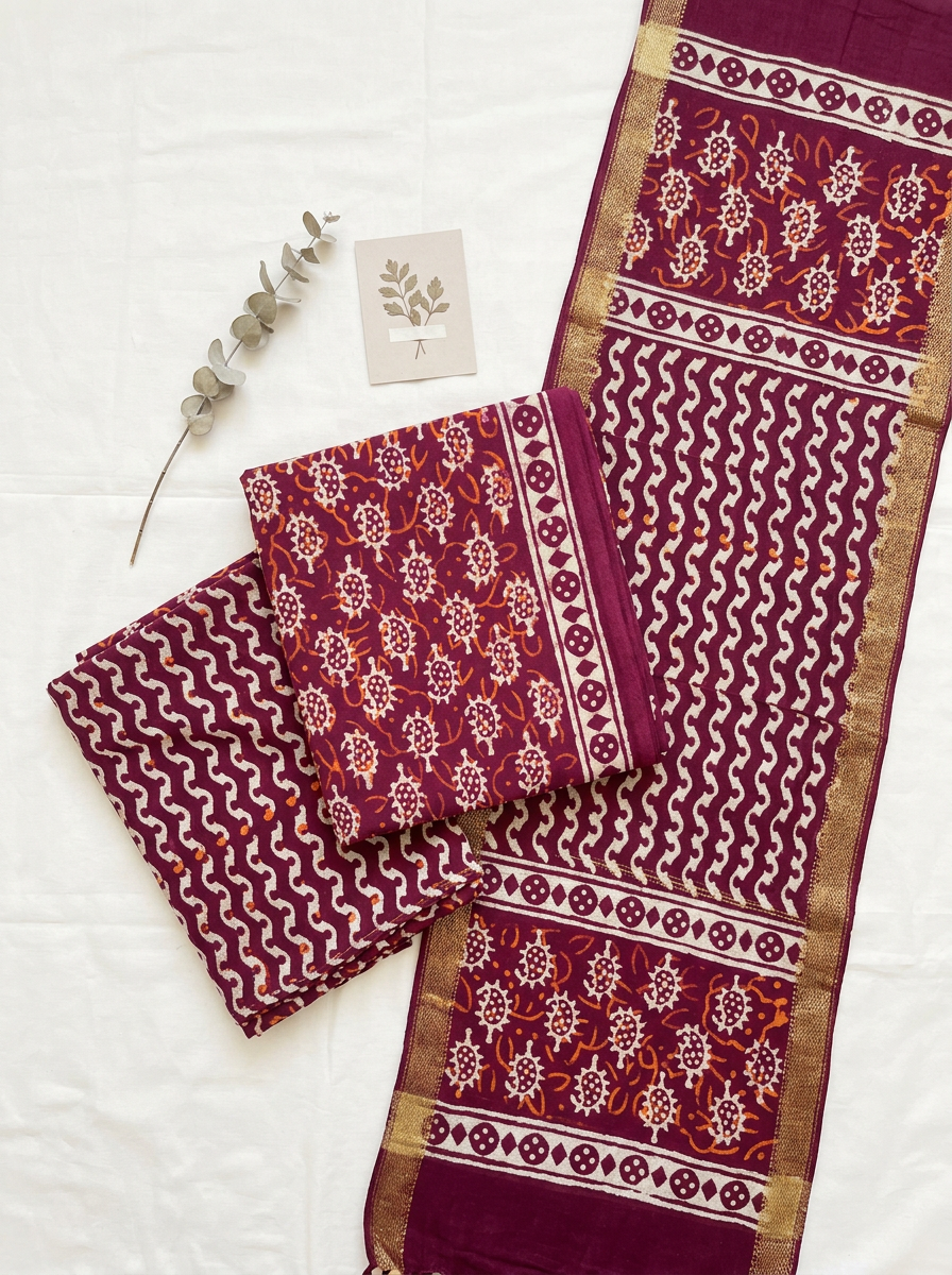 Cotton Block Printed Unstitched Suit Set