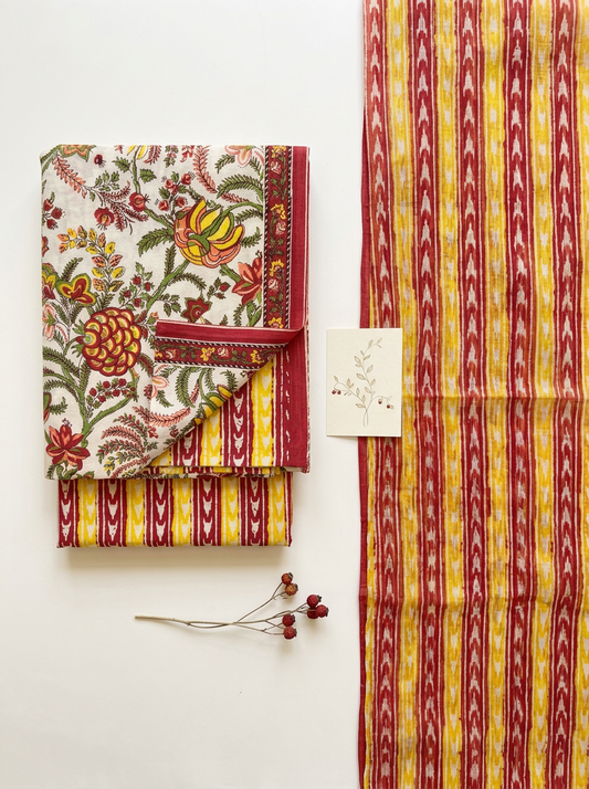 Cotton Block Printed Chiffon Dupatta Unstitched Suit Set