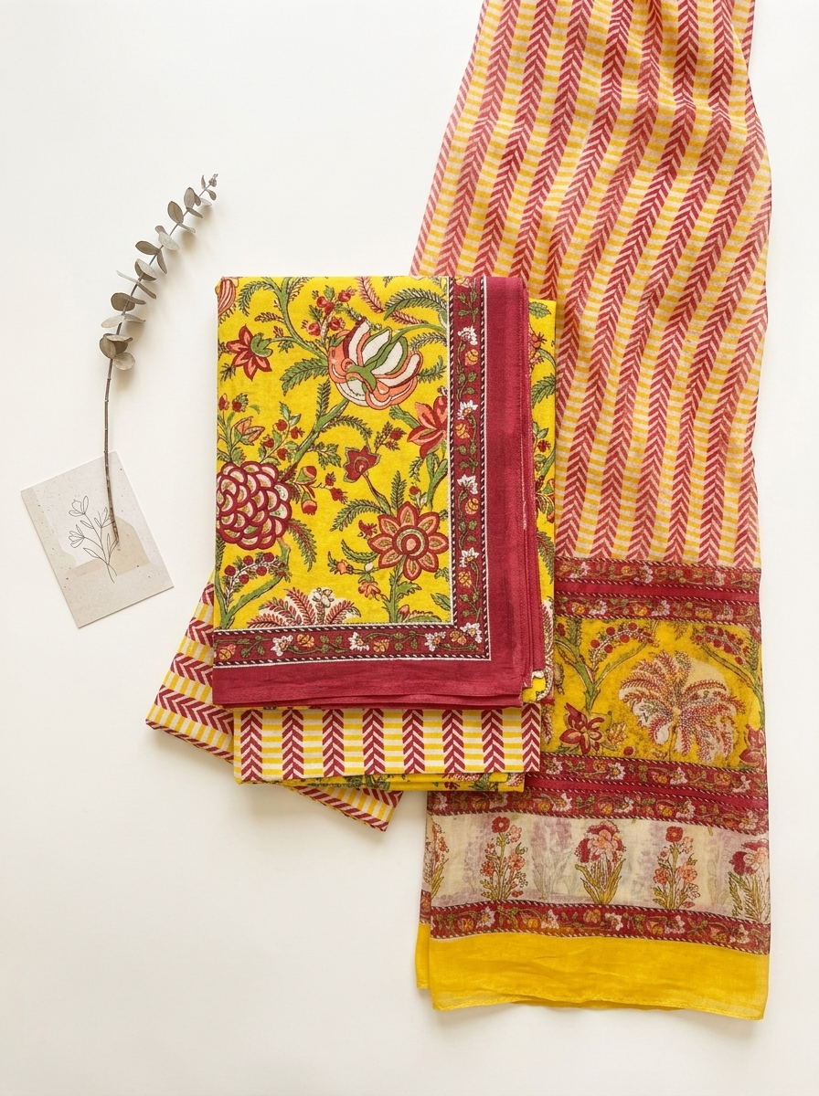 Cotton Block Printed Chiffon Dupatta Unstitched Suit Set