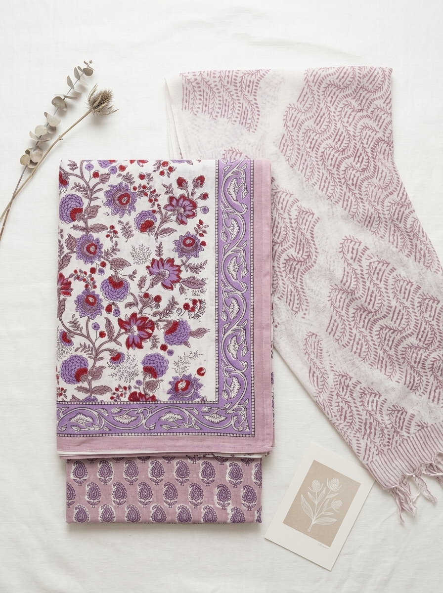 Cotton Block Printed Chiffon Dupatta Unstitched Suit Set