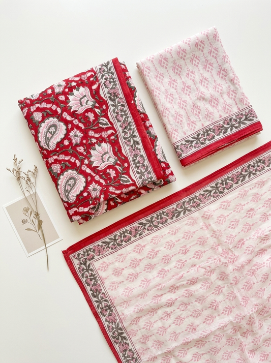Cotton Block Printed Chiffon Dupatta Unstitched Suit Set