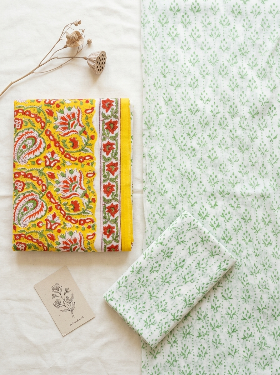 Cotton Block Printed Chiffon Dupatta Unstitched Suit Set