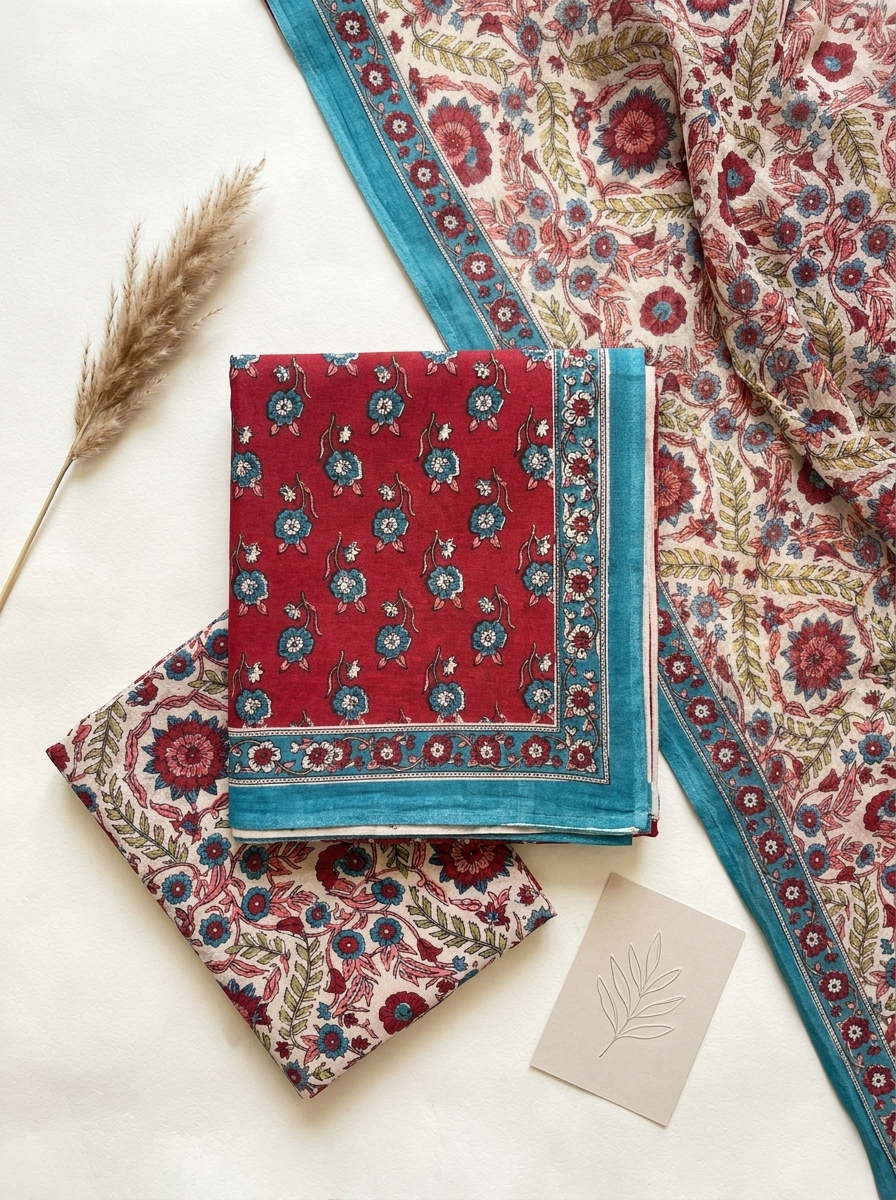 Cotton Block Printed Chiffon Dupatta Unstitched Suit Set