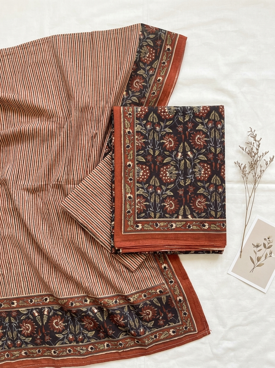 Cotton Block Printed Chiffon Dupatta Unstitched Suit Set