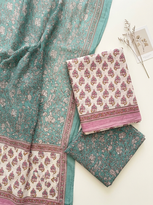 Cotton Block Printed Chiffon Dupatta Unstitched Suit Set