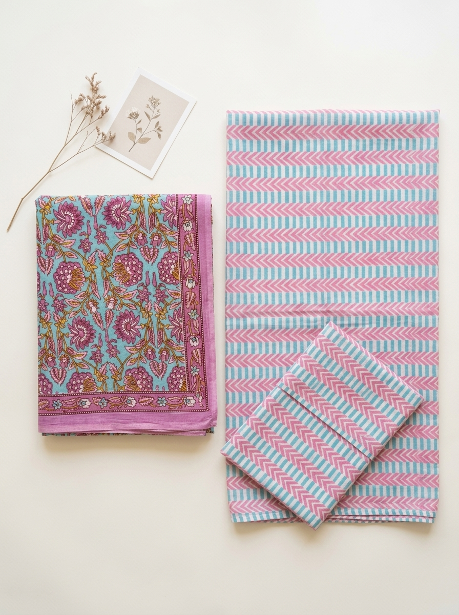 Cotton Block Printed Chiffon Dupatta Unstitched Suit Set