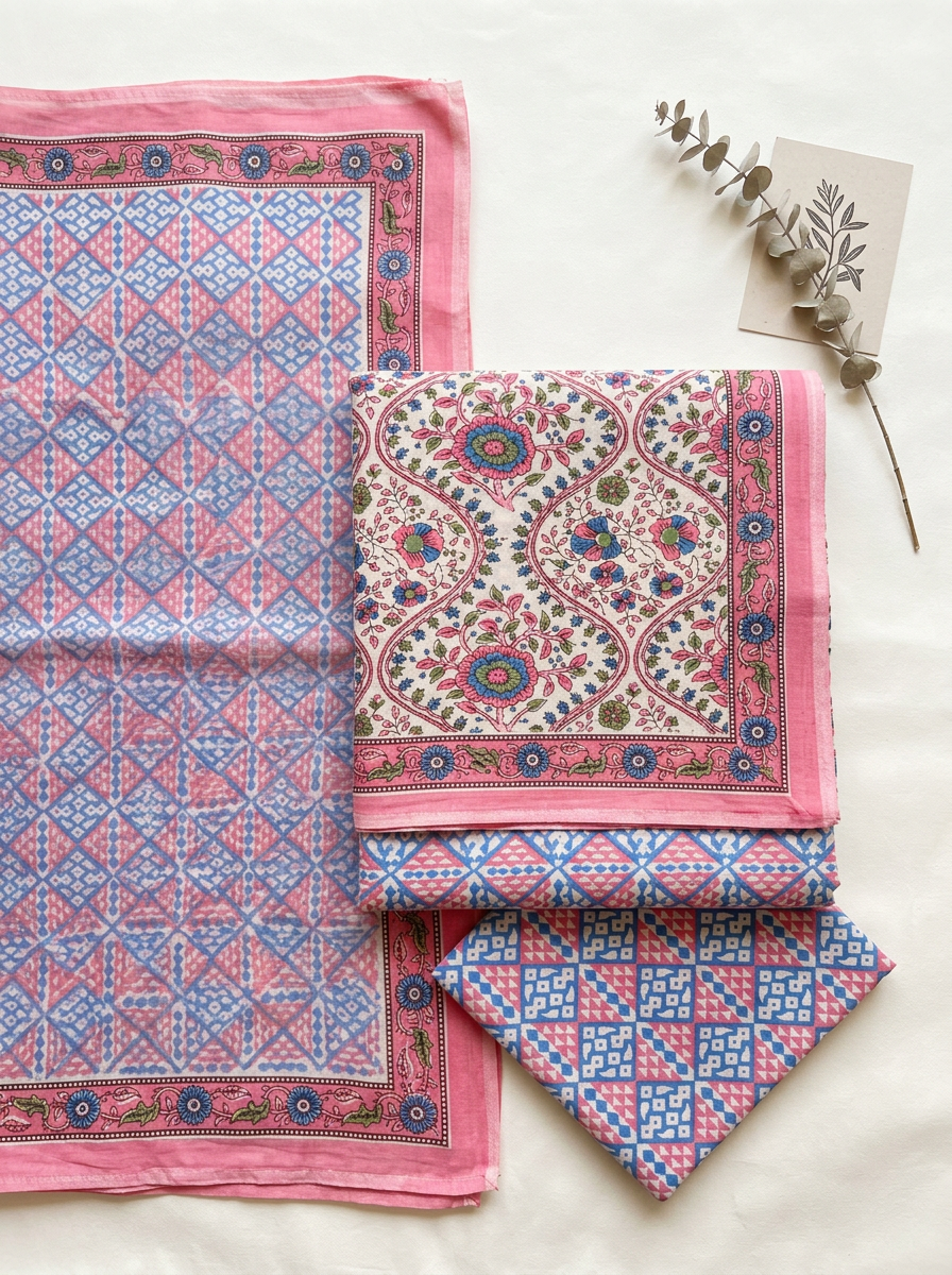 Cotton Block Printed Chiffon Dupatta Unstitched Suit Set