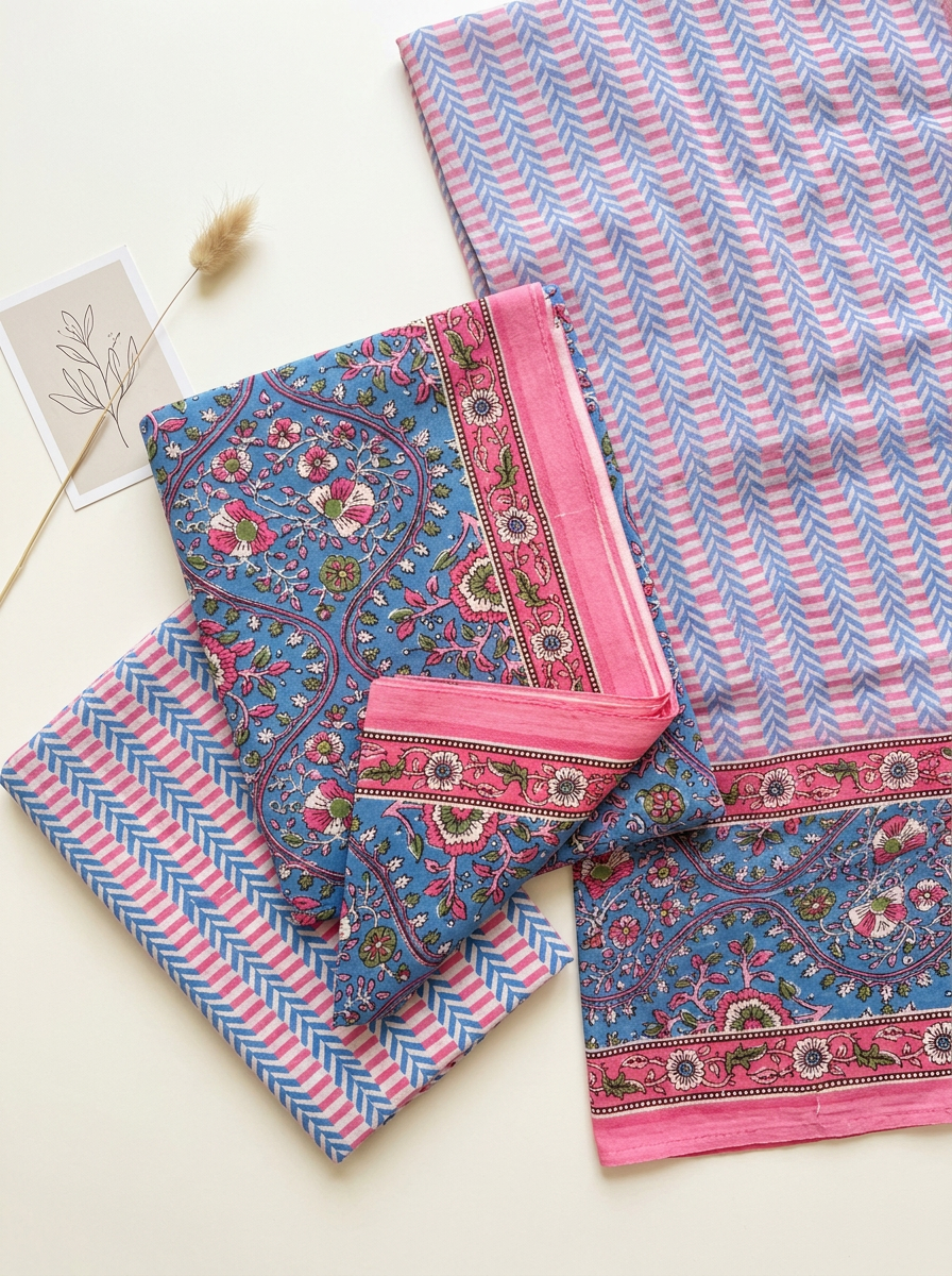 Cotton Block Printed Chiffon Dupatta Unstitched Suit Set